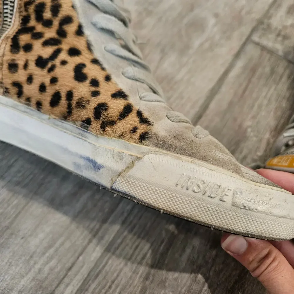 Golden Goose Slide High Top Sneakers Womens Size 37 US 6.5 Leopard Calf Hair - Picture 7 of 16